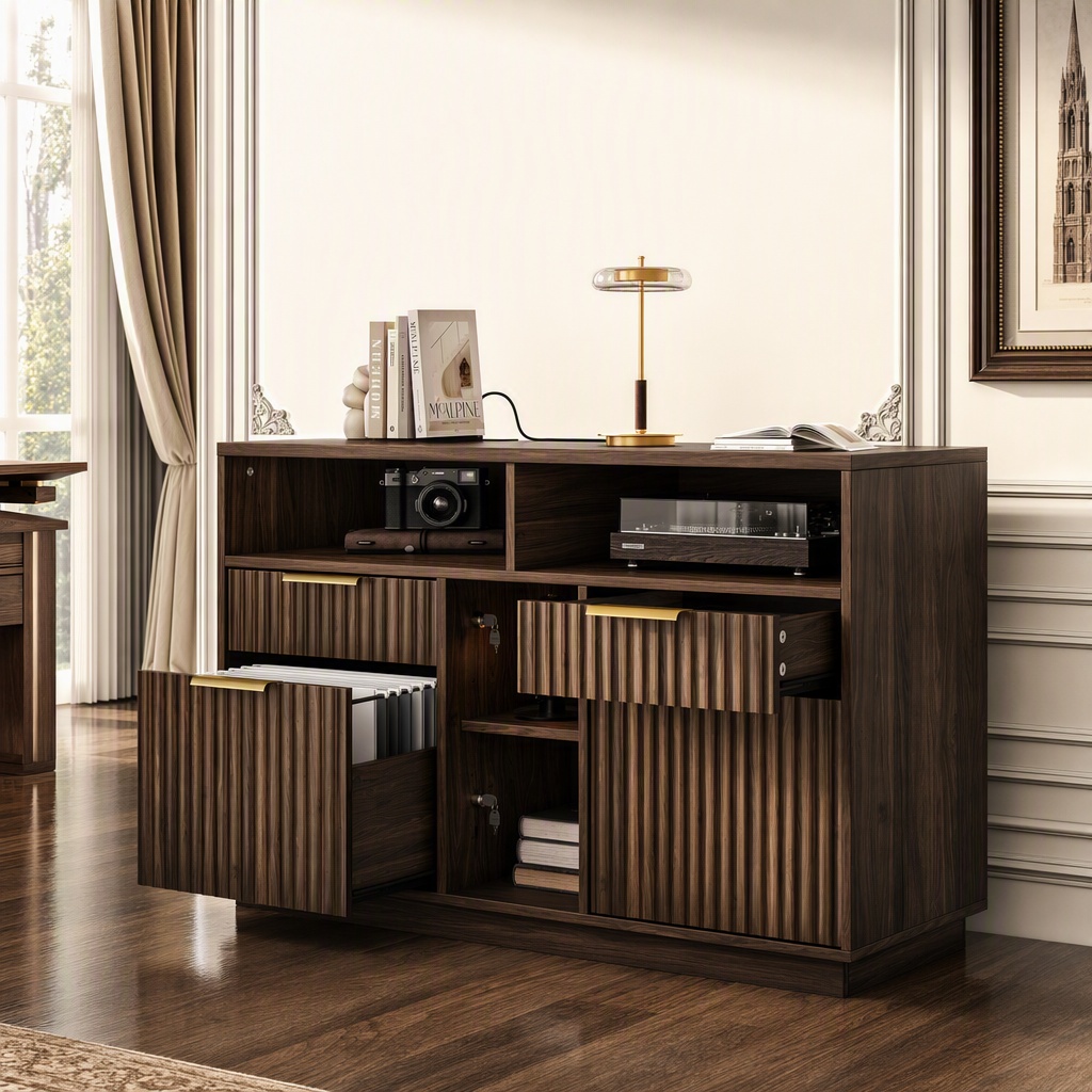 Office Furniture Filing Cabinets - 4 Drawer File Cabinet, Fluted Wood