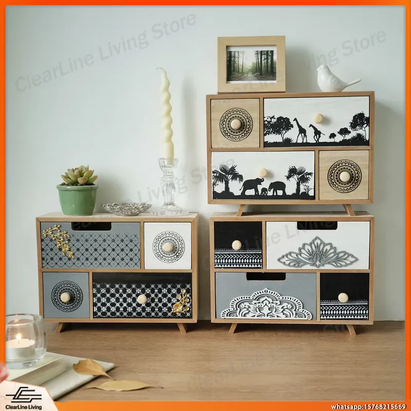 Office Storage Cabinet - Wooden Desktop Drawer Locker with Carved