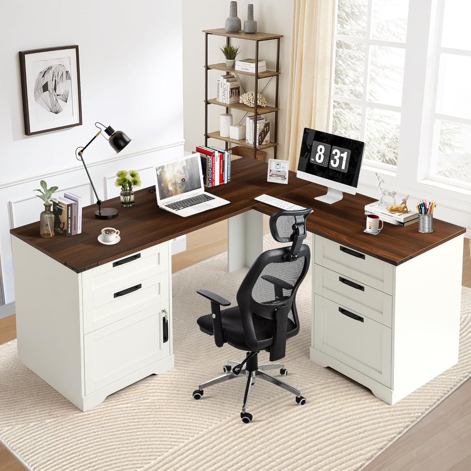 Office Furniture Filing Cabinets - L Shaped Executive Desk with Lockable