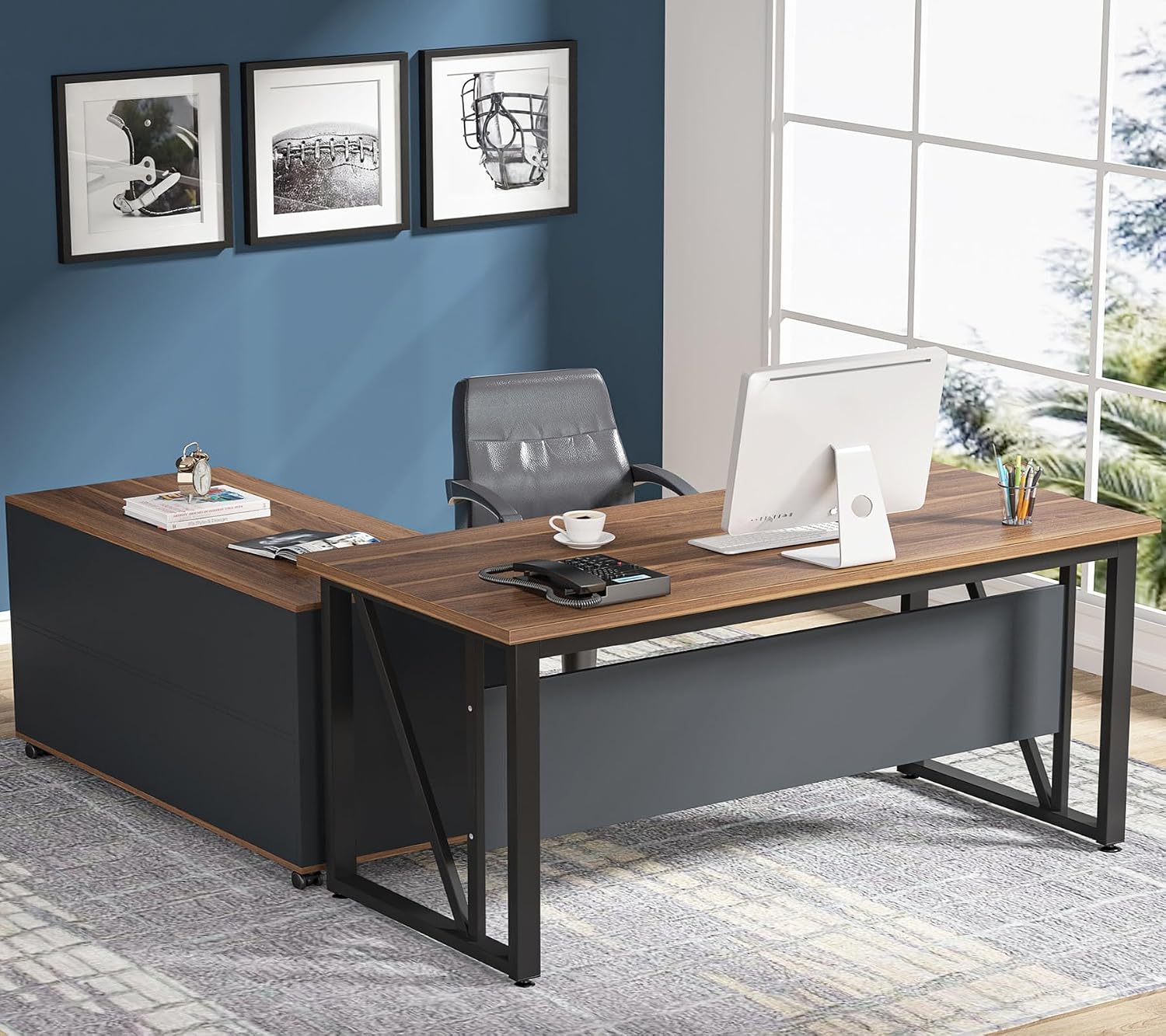 Office Furniture Filing Cabinets - L-Shaped Executive Desk & File Cabinet