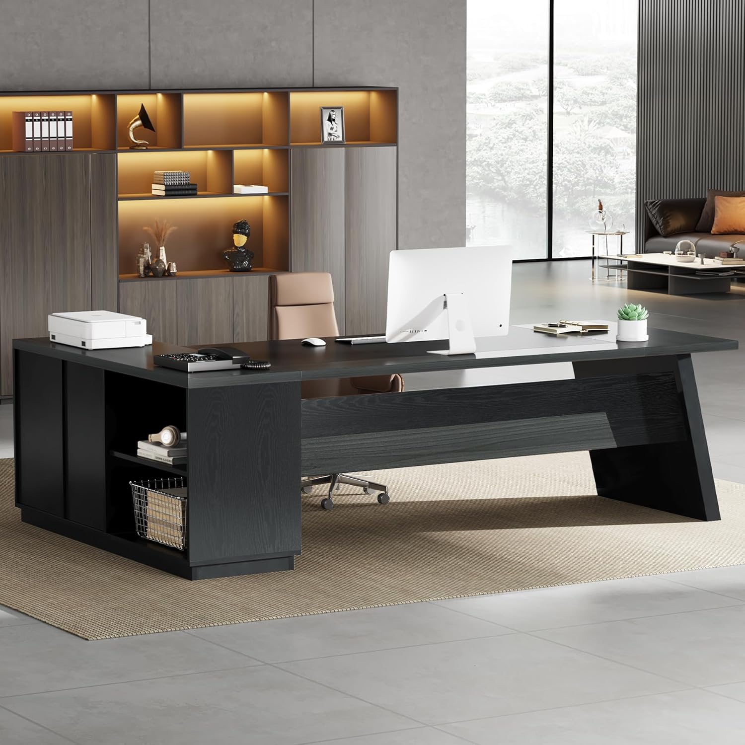 Office Furniture Filing Cabinets - L-Shaped Executive Desk 78in Modern Office